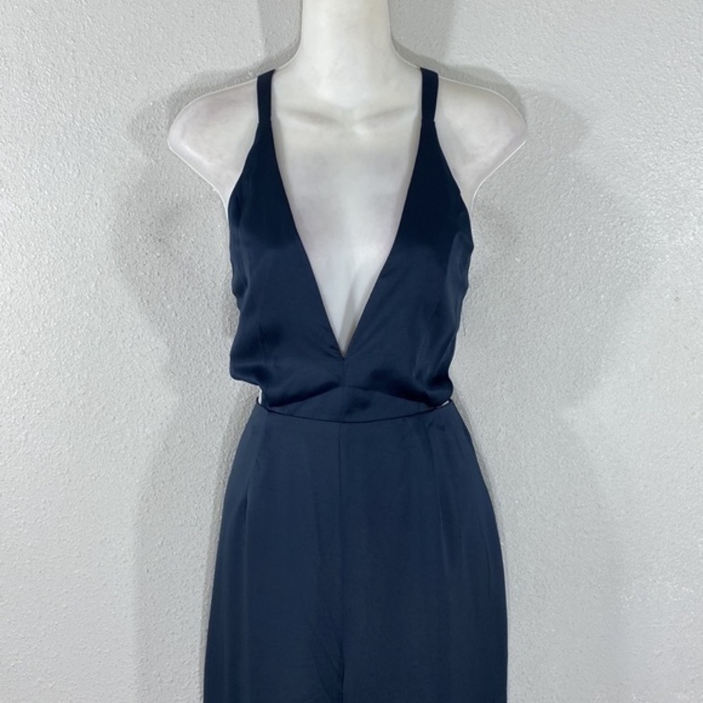 NWT Sugar+Lips Deep Navy Satin Cross Back Cutout Side Wide Leg Jumpsuit Small S - Picture 2 of 10